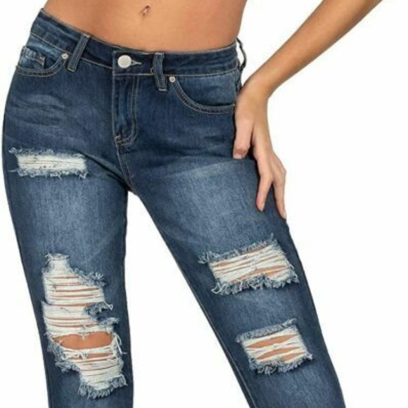 YMI Dream Jeans, Dream Fit Raw Hem Destruction Ankle Hybrid Jeans  1/3/5/7/9 - Picture 2 of 9